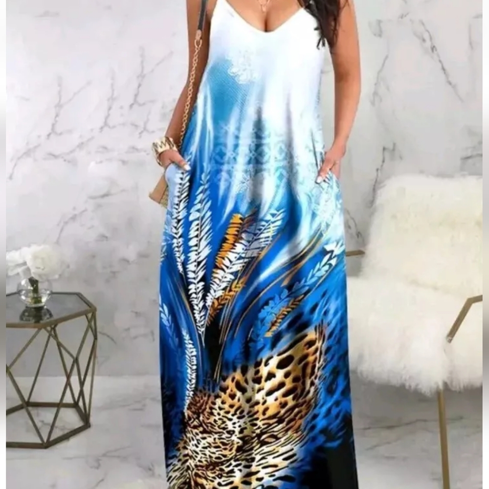 Botanical Maxi Sun Dress Woman Plus 2X V-neck Boho Hippie Coastal Fairy Feathers